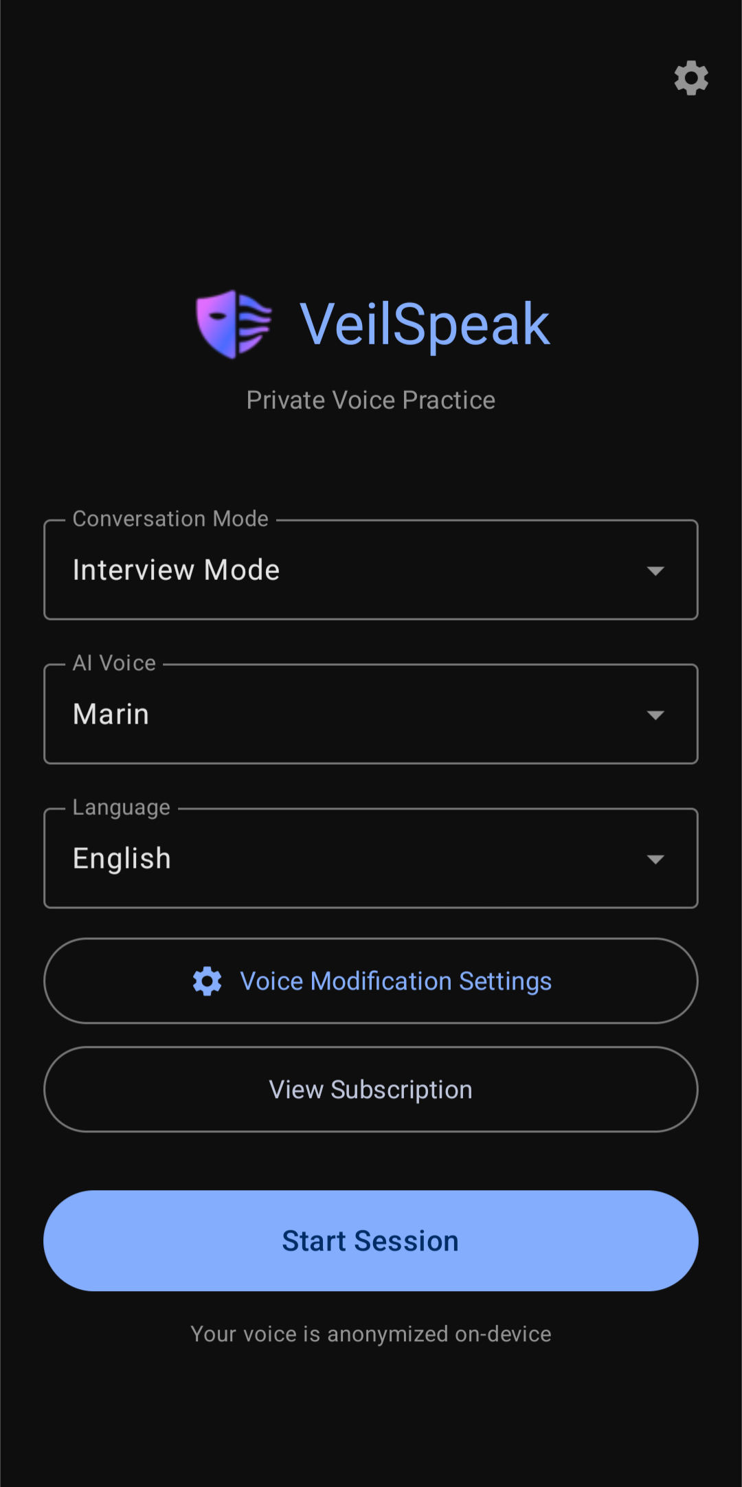 VeilSpeak Home Screen